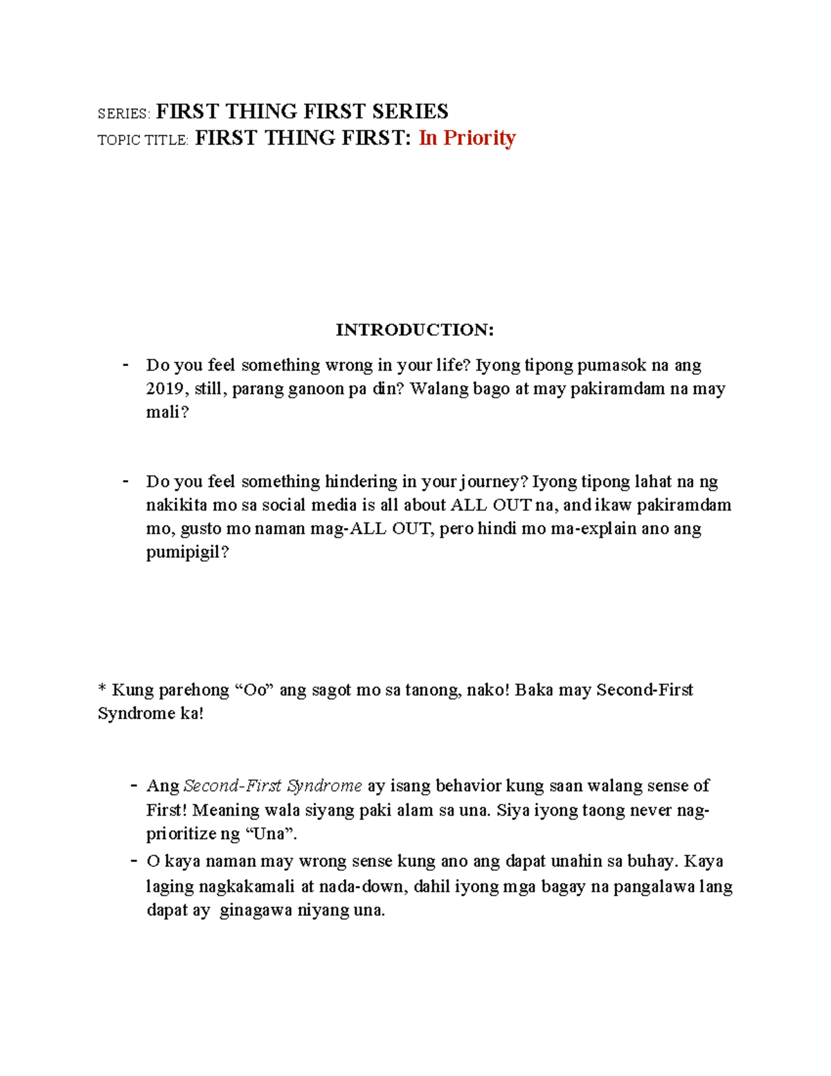 WEEK 1- IN Priority - Essential - SERIES: FIRST THING FIRST SERIES ...