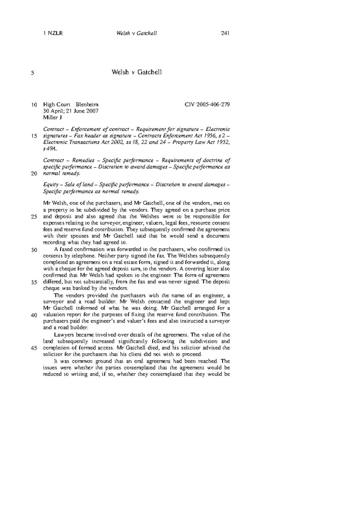 Welsh v Gatchell - required case - Welsh v Gatchell High Court Blenheim ...