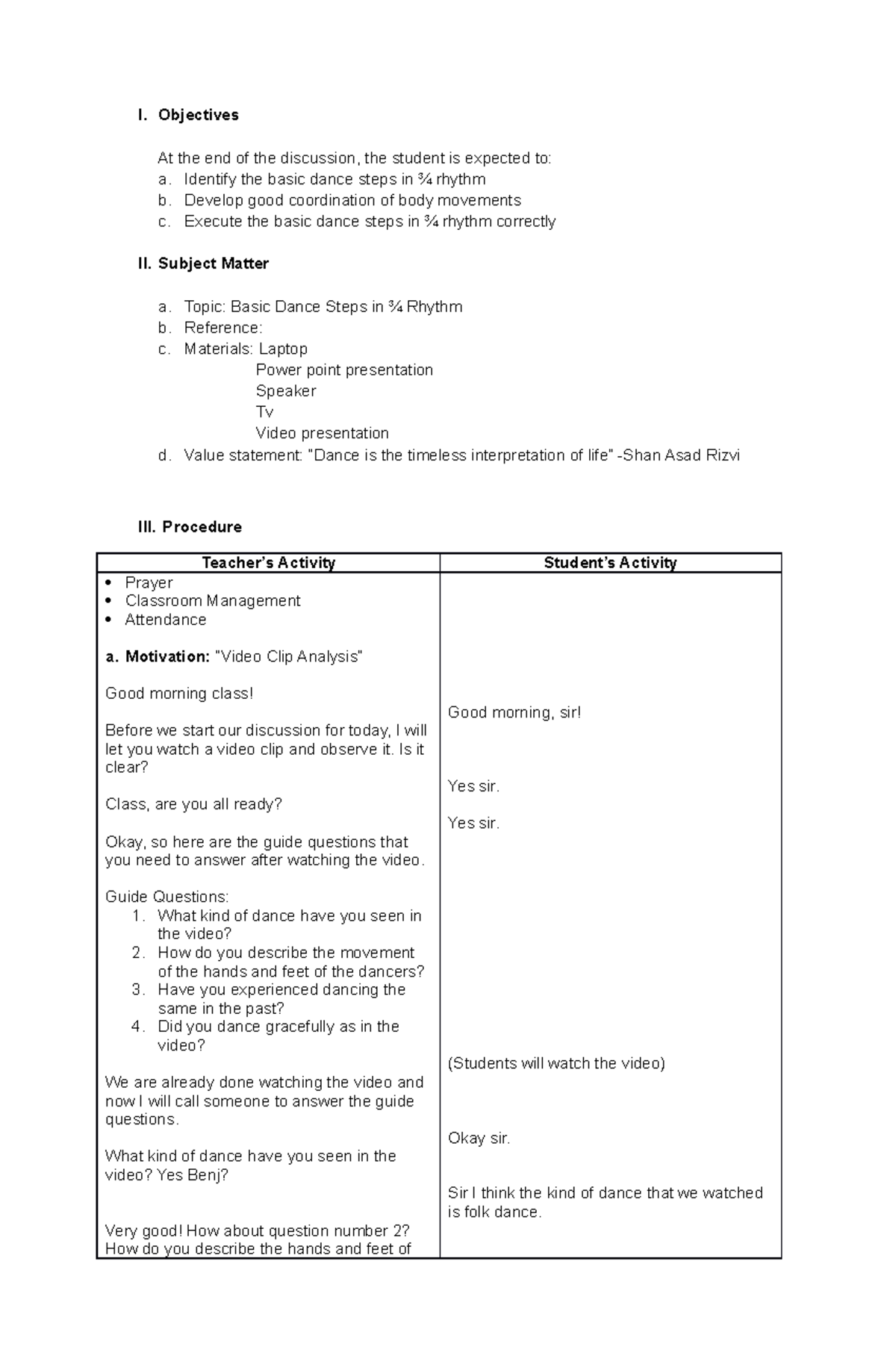 Lesson PLAN - I. Objectives At the end of the discussion, the student ...