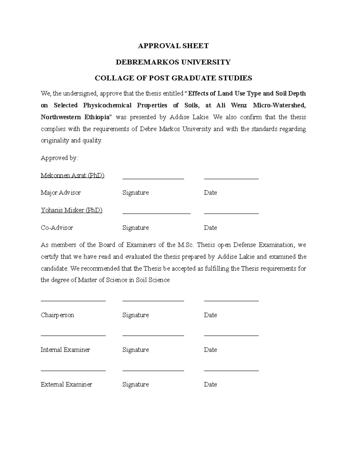 Approval sheet 2022 APPROVAL SHEET DEBREMARKOS UNIVERSITY COLLAGE