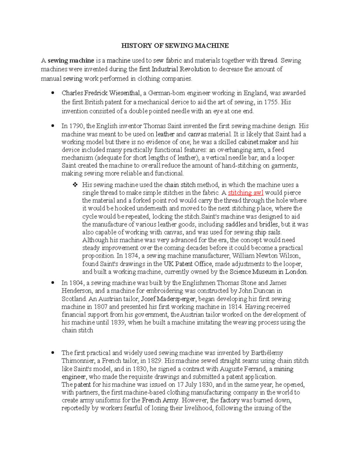 History OF Sewing Machine HISTORY OF SEWING MACHINE A sewing machine