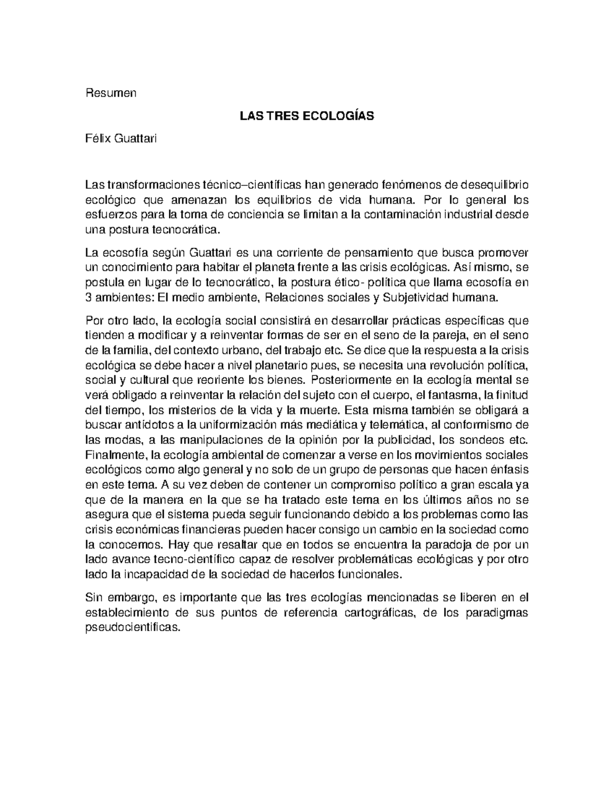 Resumen Guattari Resumen LAS TRES ECOLOGÍAS Félix Guattari Las