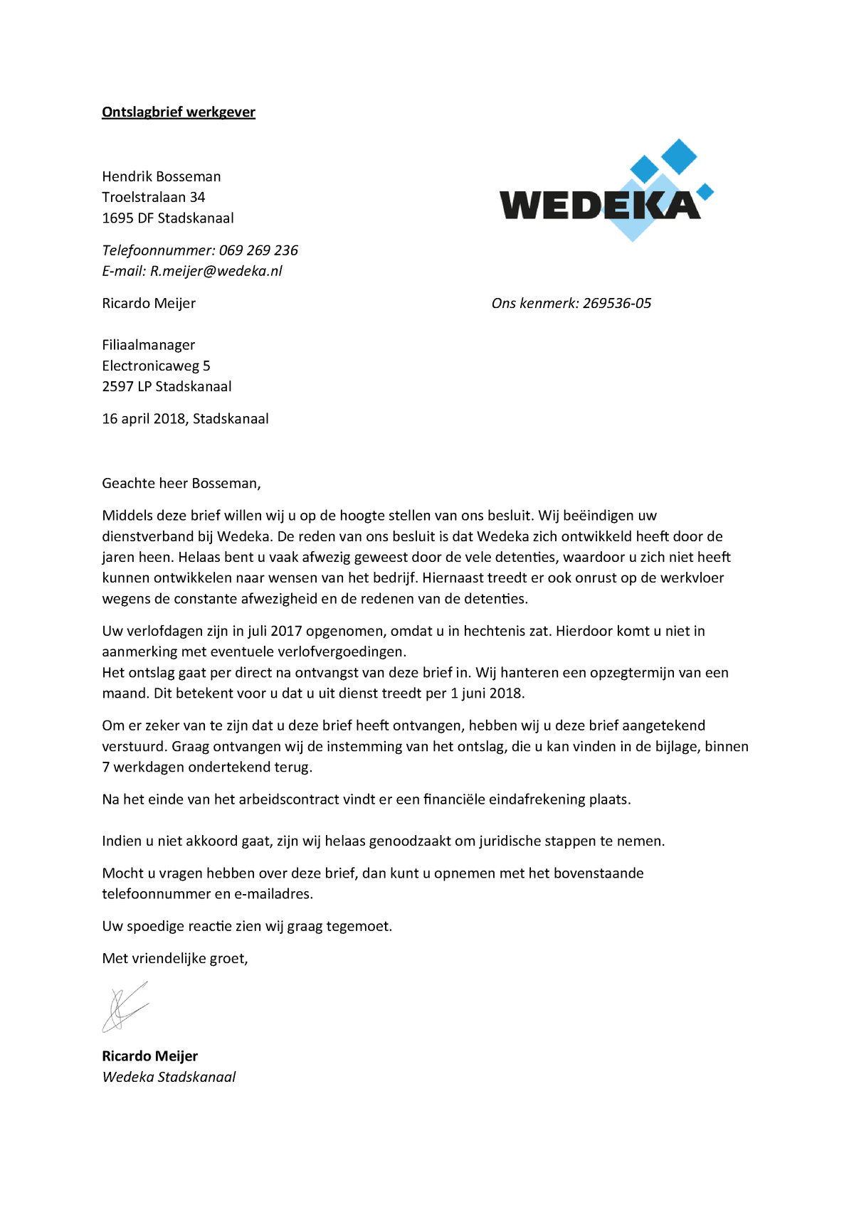 Ontslagbrief Van Wadeka Studeersnel