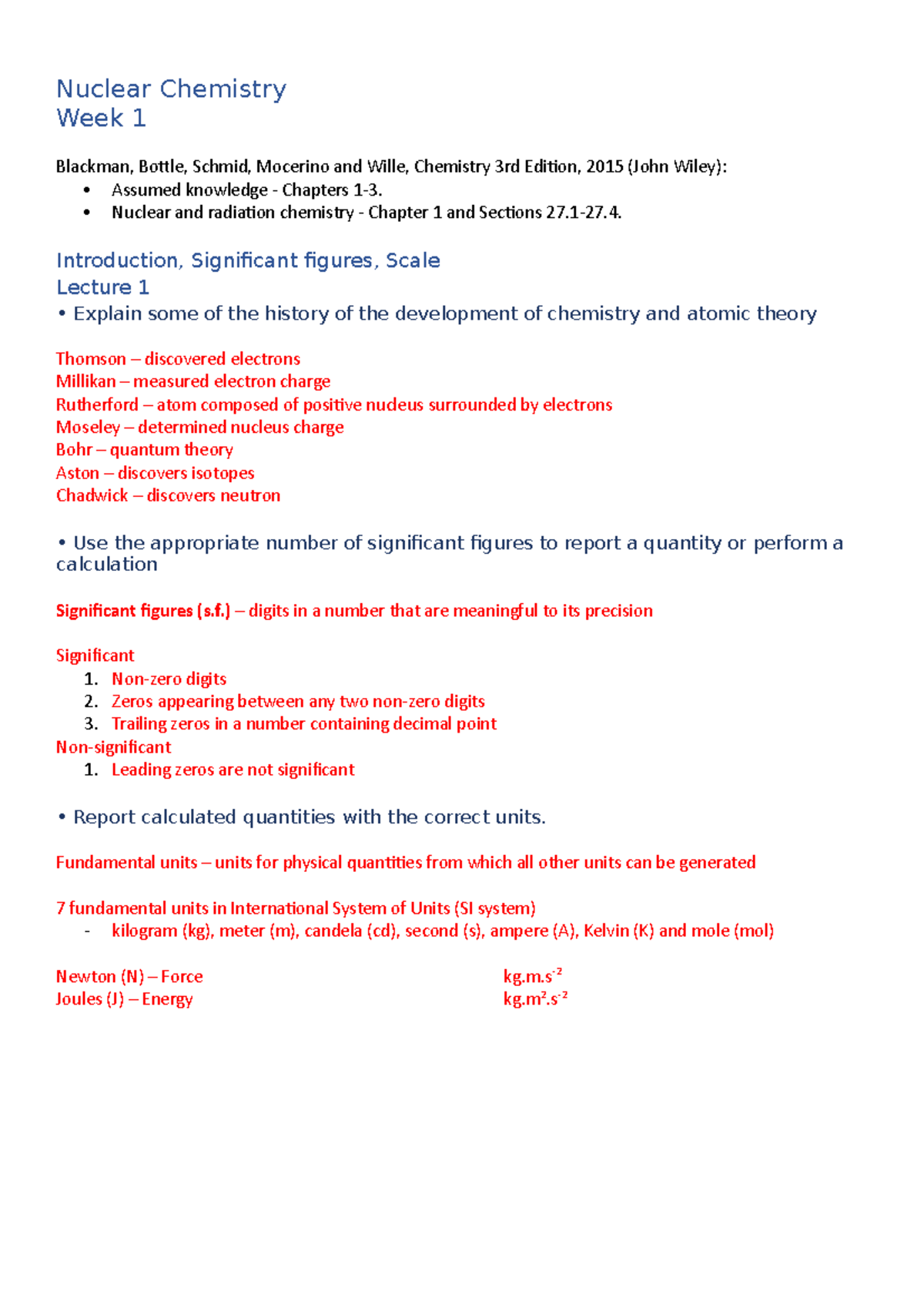 CHEM1991 Syllabus Notes - Nuclear Chemistry Week 1 Blackman, Bottle ...