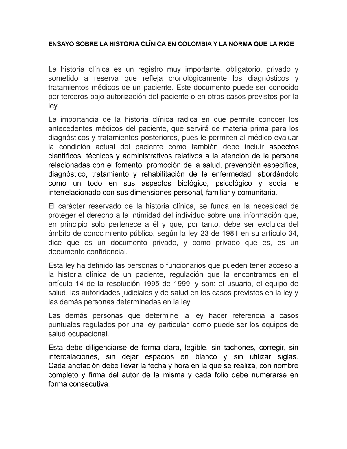 Ensayo Sobre La Historia Clínica En Colombia Ensayo Sobre La Historia ClÍnica En Colombia Y La 4940