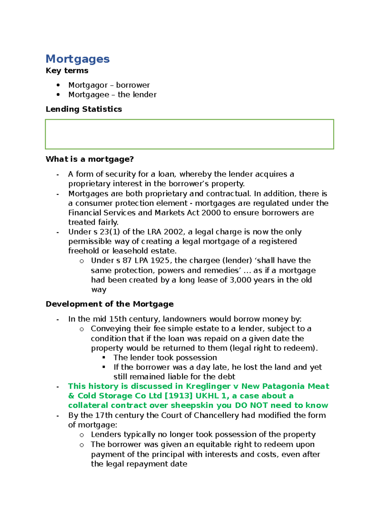 Mortgages Land Law Summary Notes Mortgages Key terms Mortgagor