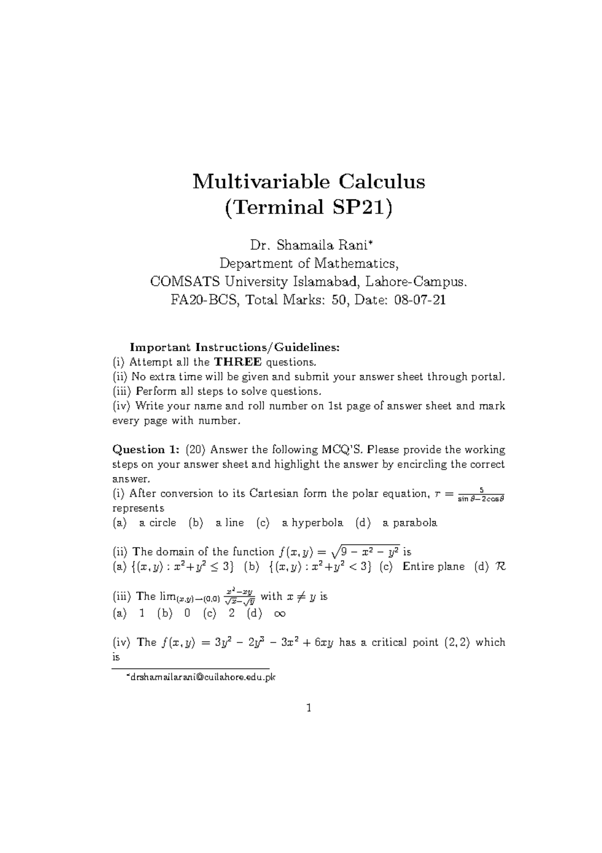 MVC Past Paper of Spring 2021 - Multivariable Calculus (Terminal SP21 ...