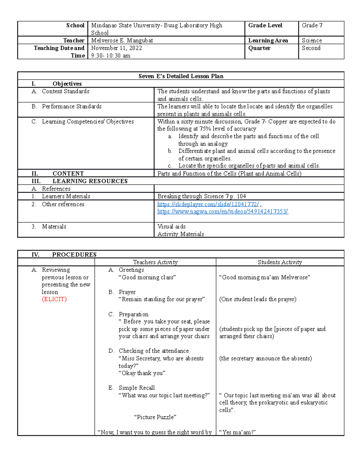 Cell parts lesson plan - School Mindanao State University- Buug ...