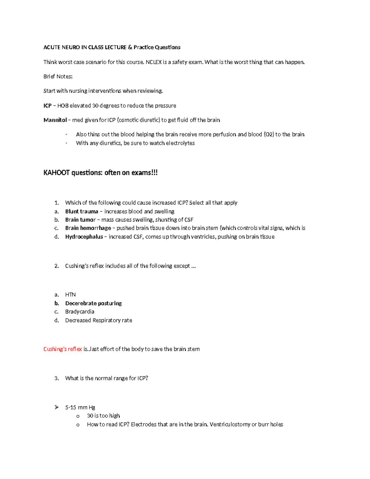 Practice Qs Acute & Chronic Neuro, Gero - ACUTE NEURO IN CLASS LECTURE ...