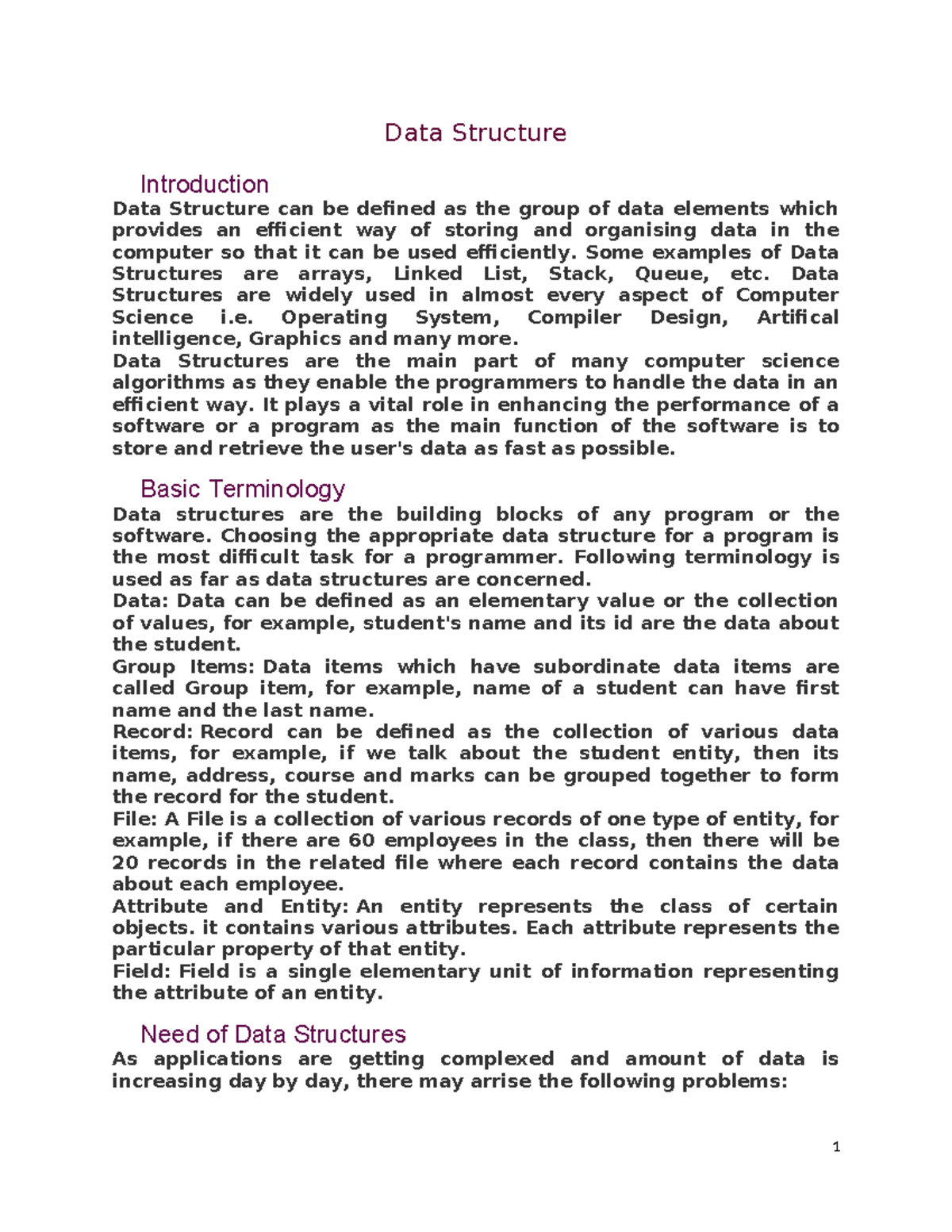 DS unit I & II - Notes according to bidar university syllabus - Data ...