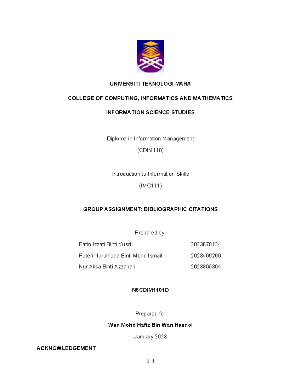 IMC112 Assignment 3 - UNIVERSITI TEKNOLOGI MARA COLLEGE OF COMPUTING ...