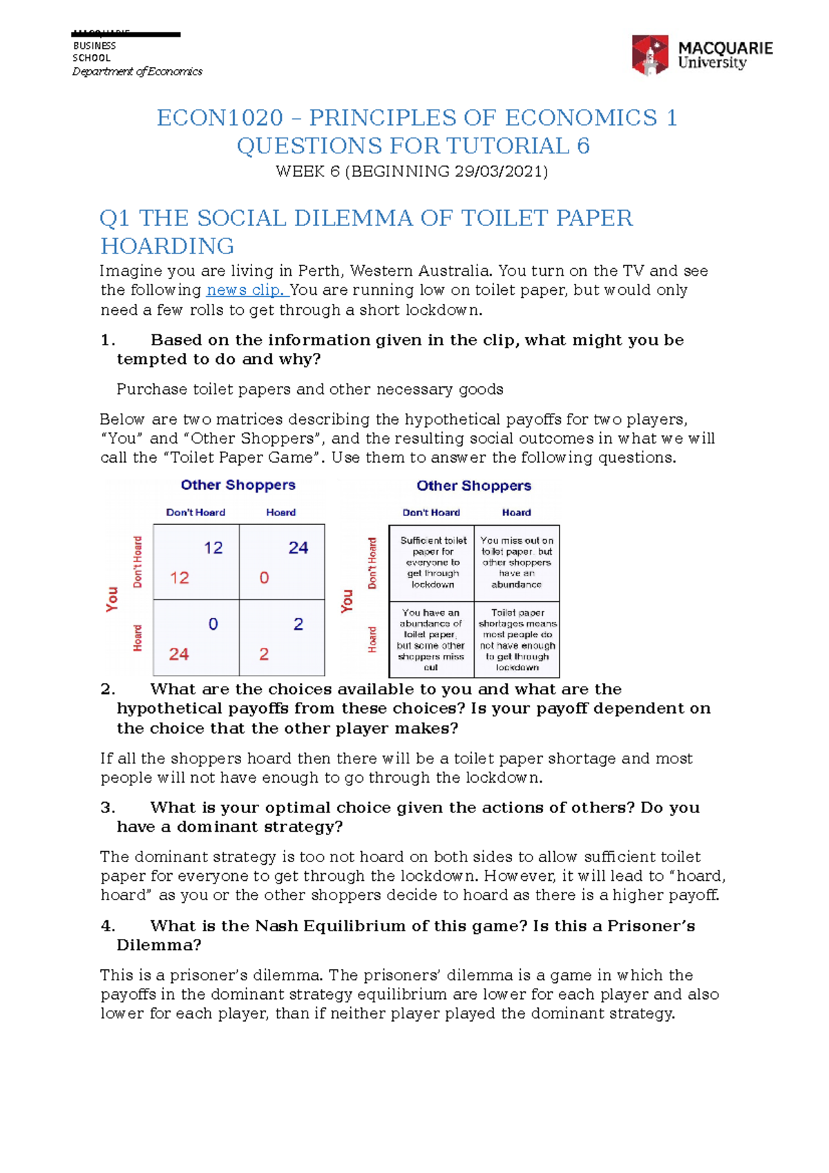 ECON1020 S1 2021 Tutorial 6 - Questions And Answers - MACQUARIE ...