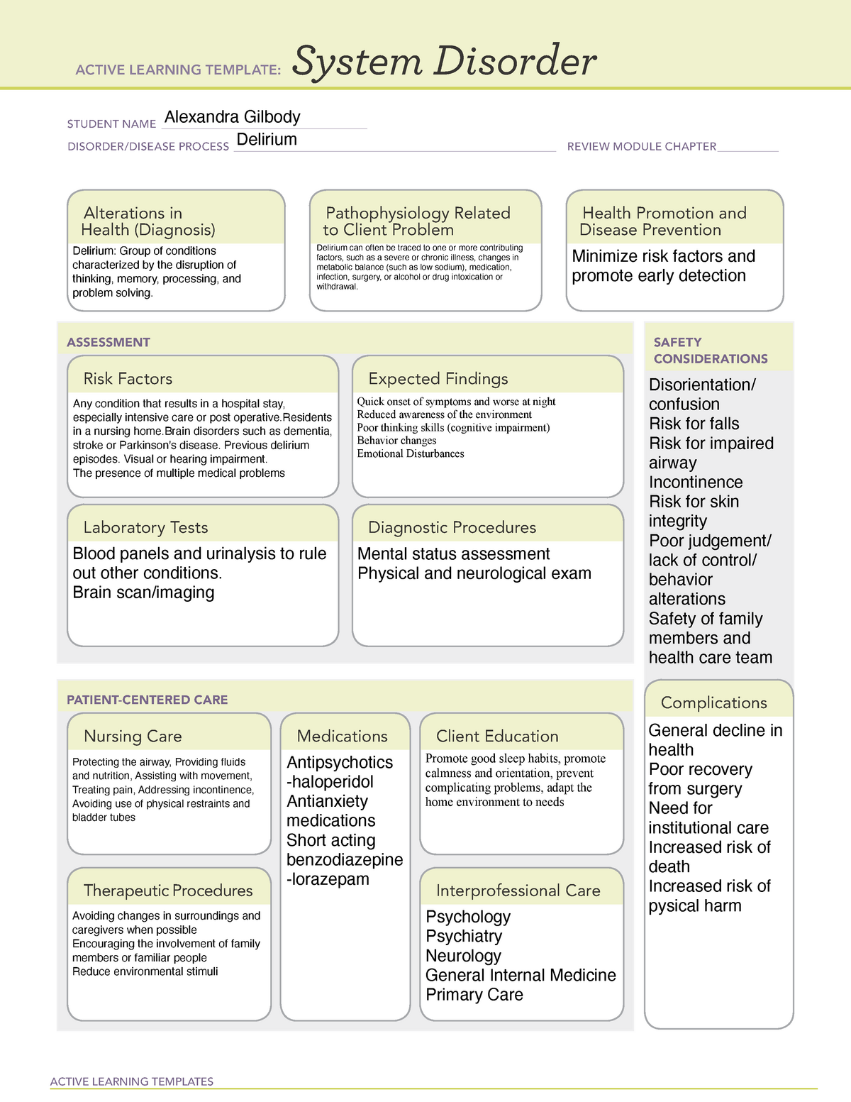 Delirium System Disorder ACTIVE LEARNING TEMPLATES System Disorder