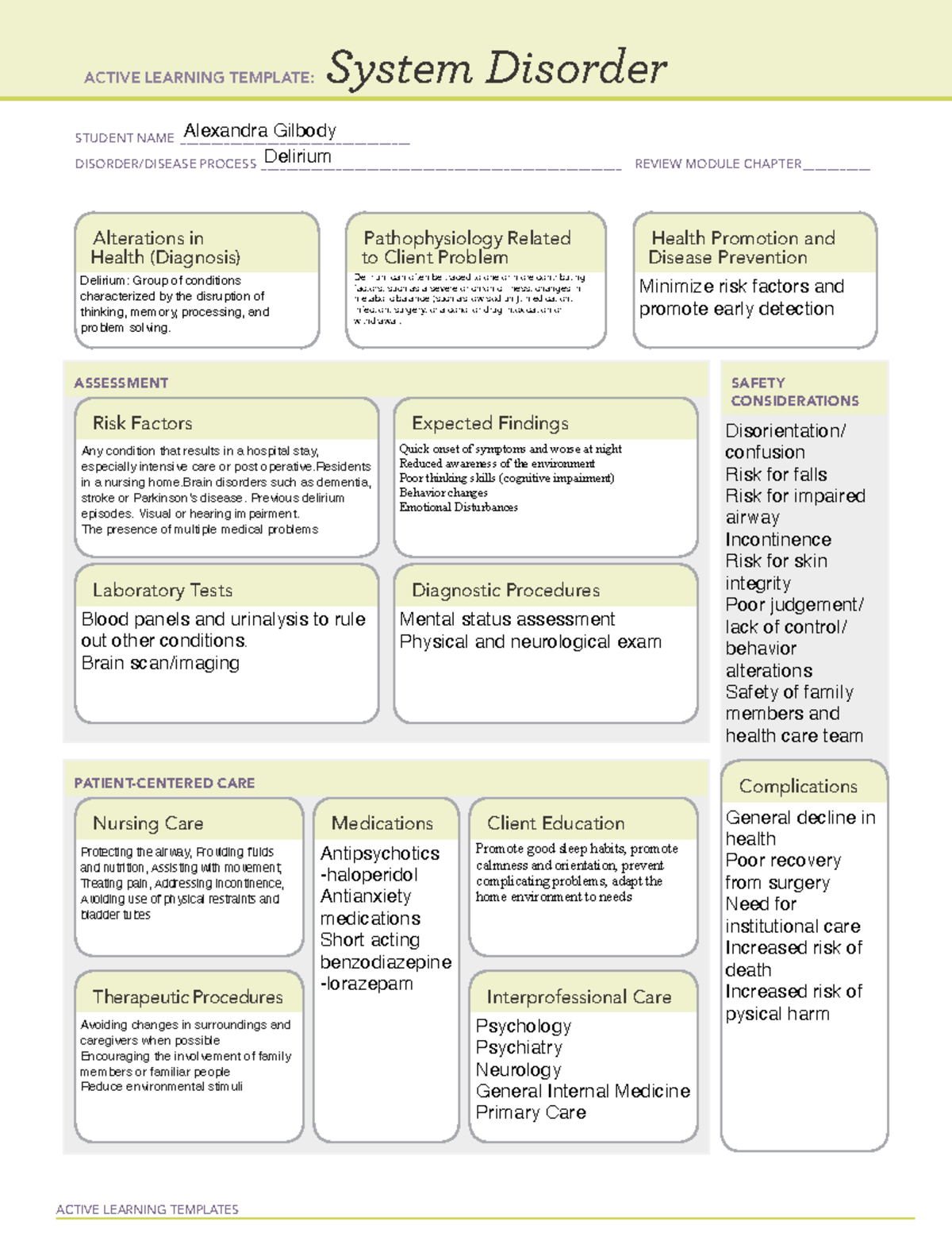 Delirium System Disorder ACTIVE LEARNING TEMPLATES System Disorder