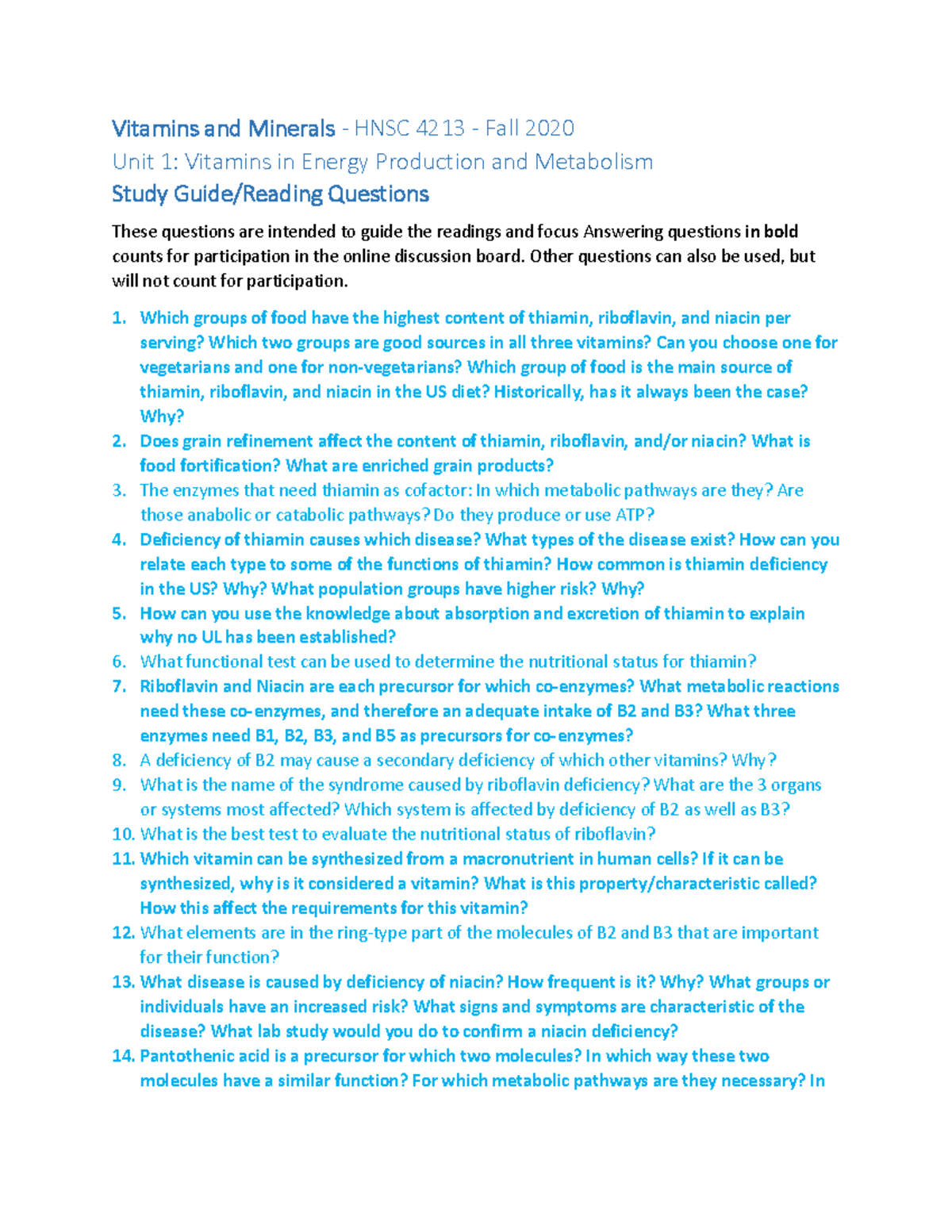 HNSC 4213 Reading Questions Unit 1 2009 07 Vitamins and Minerals HNSC 4213 Fall 2020