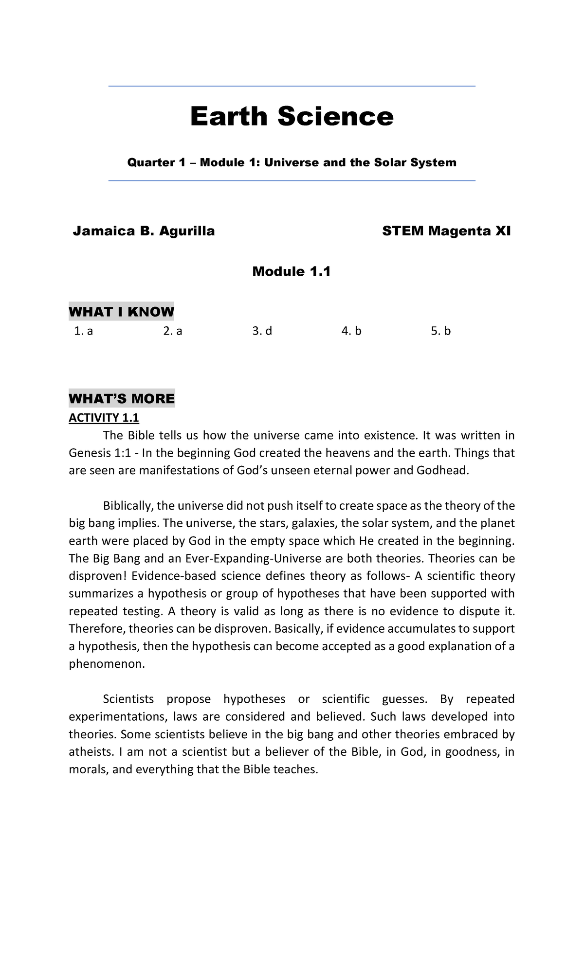 Earth Sci Q1-M1 Universe And The Solar System - Earth Science Quarter 1 ...