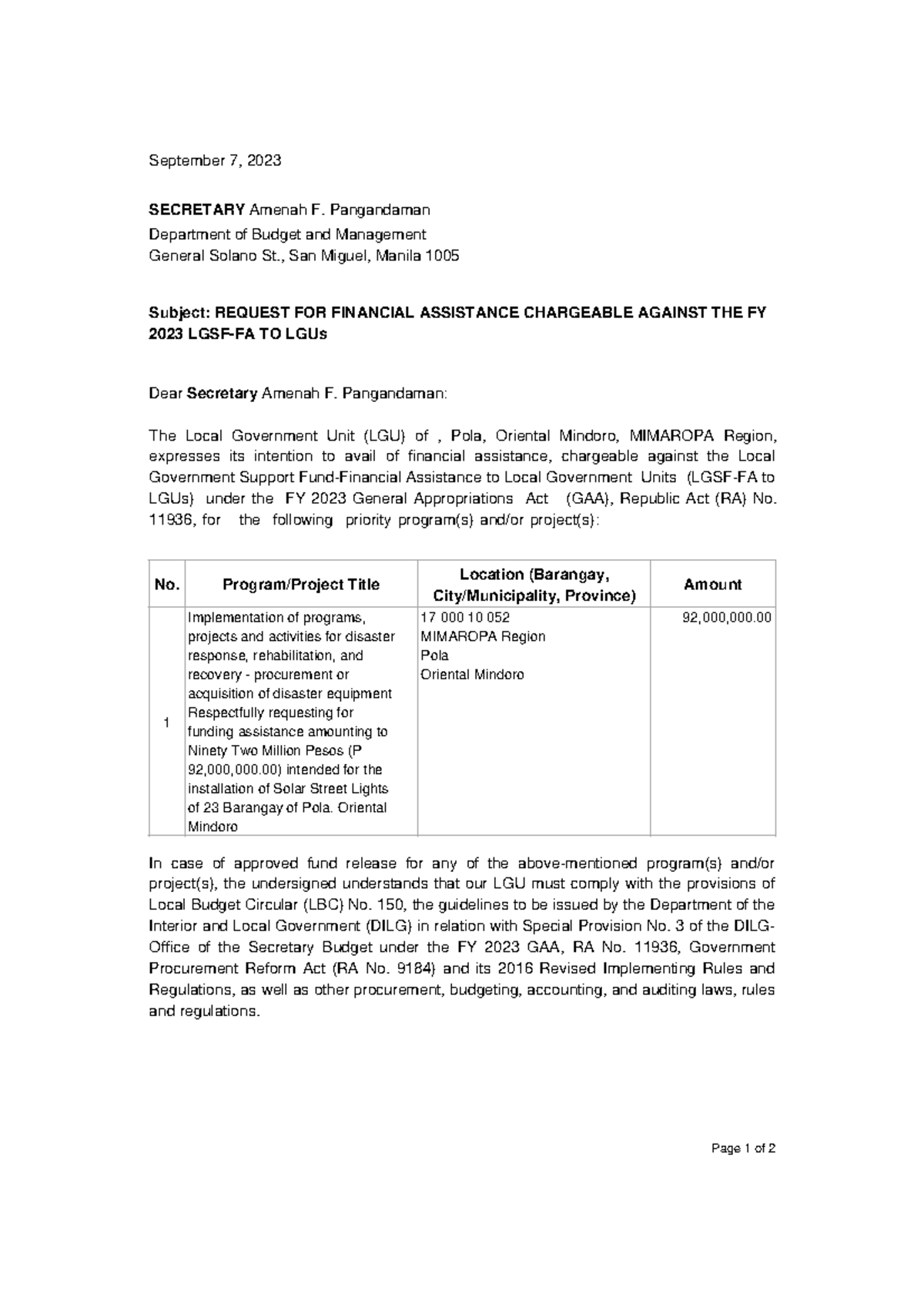 Solar - September 7, 2023 SECRETARY Amenah F. Pangandaman Department of ...