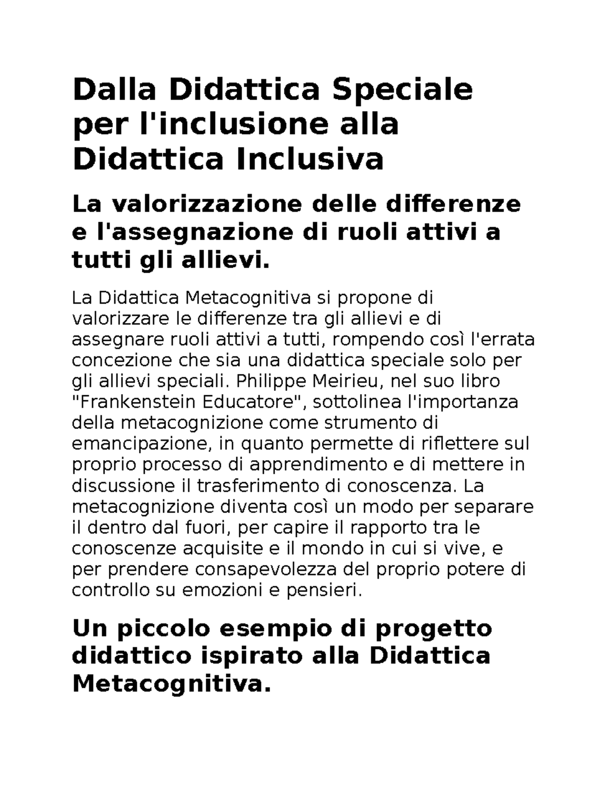 Riassunto Dalla Didattica Speciale Per L'inclusione Alla Didattica ...