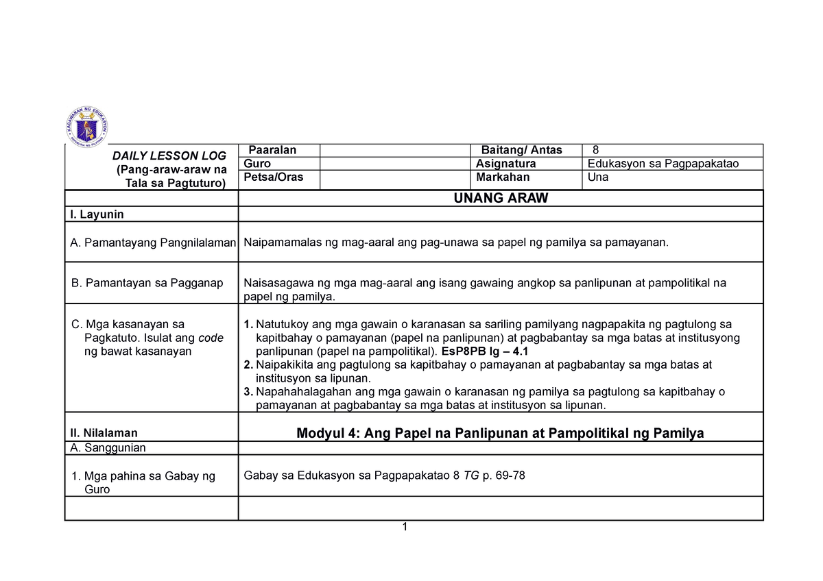 Dll Esp 8 Modyul 4 Gfh Daily Lesson Log Pang Araw Araw Na Tala Sa Pagtuturo Paaralan 