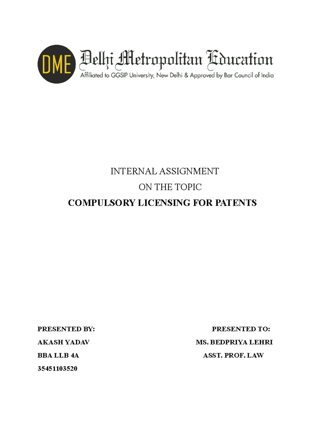 Internal Assignment - NOTES - INTERNAL ASSIGNMENT ON THE TOPIC ...
