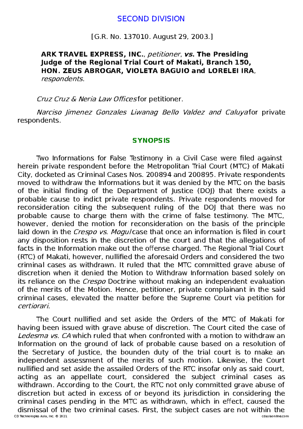 Ark Travel Express Inc. v. Abrogar SECOND DIVISION [G. No. 137010