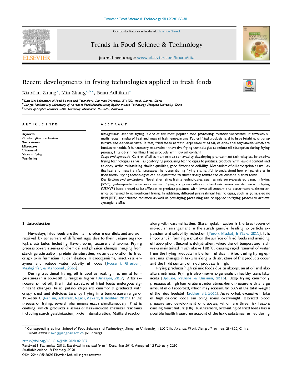 Recent developments in frying technologies applied to fresh foods ...
