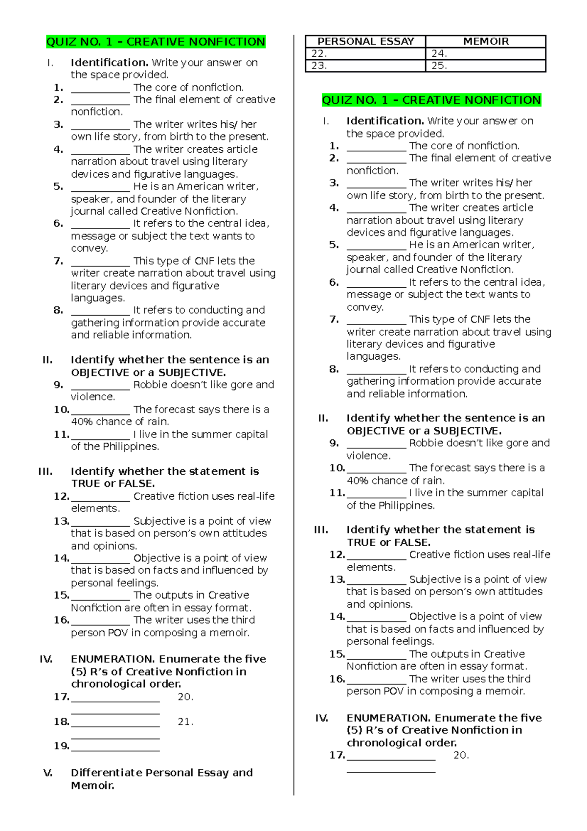 QUIZ 1 Creative Nonfiction QUIZ NO. 1 CREATIVE NONFICTION I