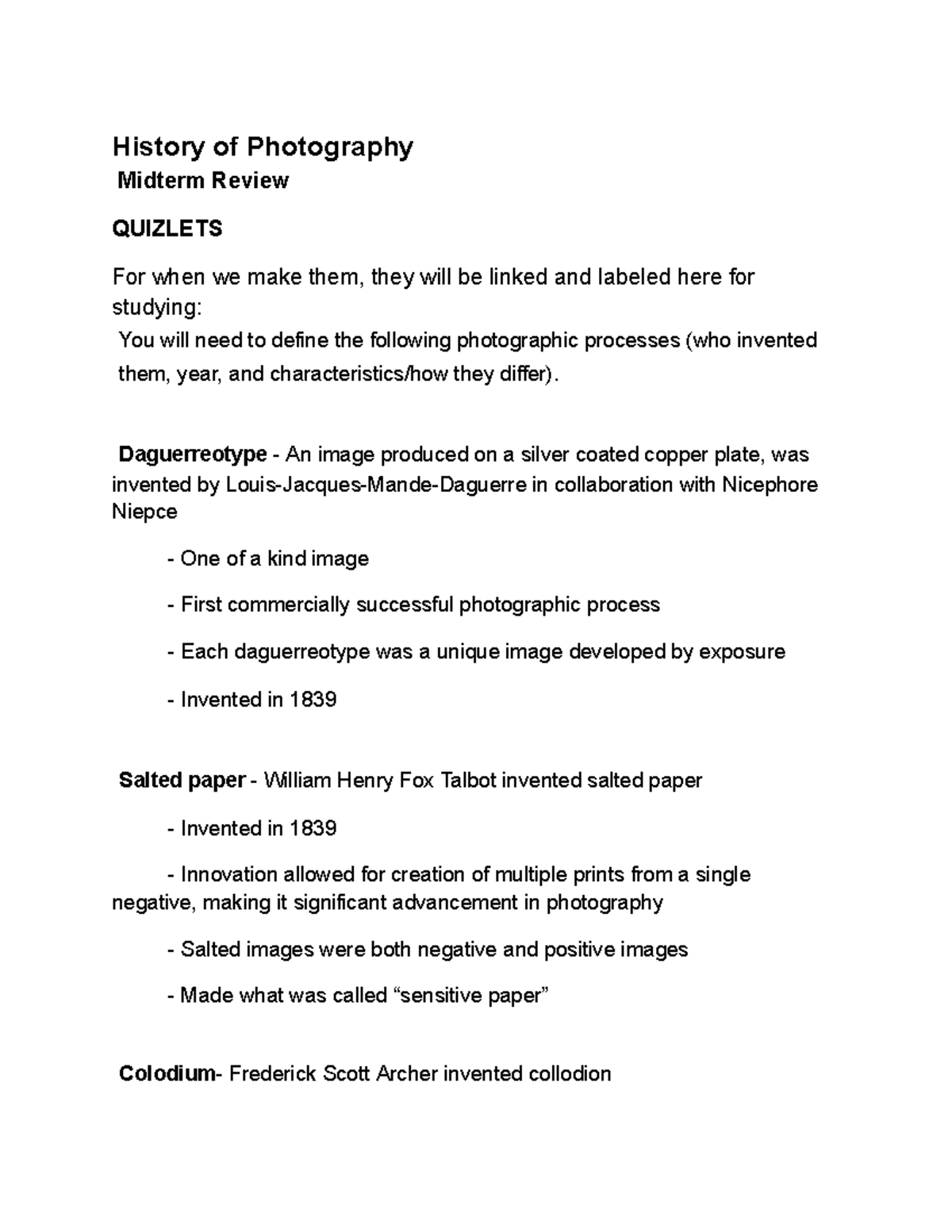 Photography Study Guide2 History of Photography Midterm Review