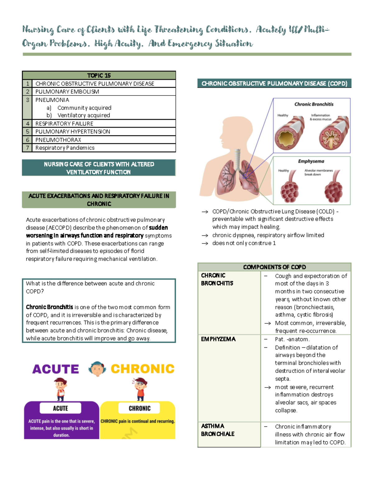 COPD notes lectures - Nursing Care of Clients with Life Threatening ...