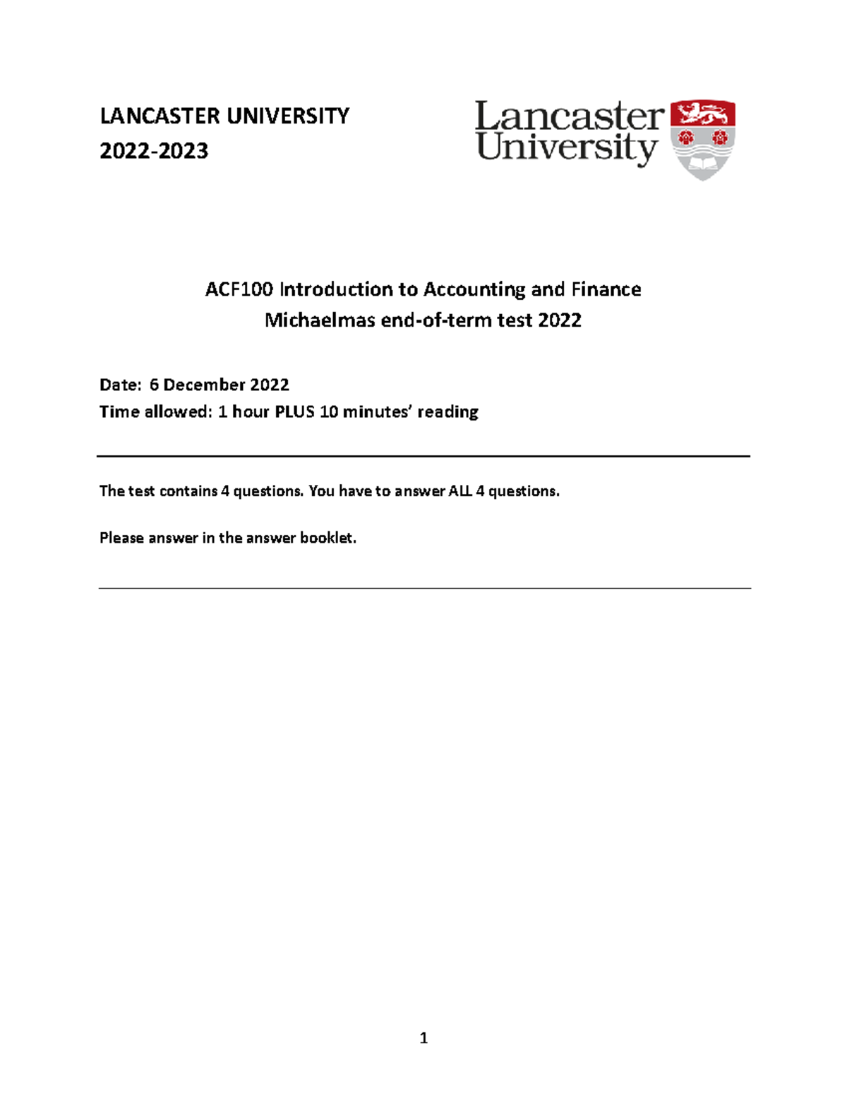 Term1 Test - LANCASTER UNIVERSITY 2022 - 2023 ACF100 Introduction To ...