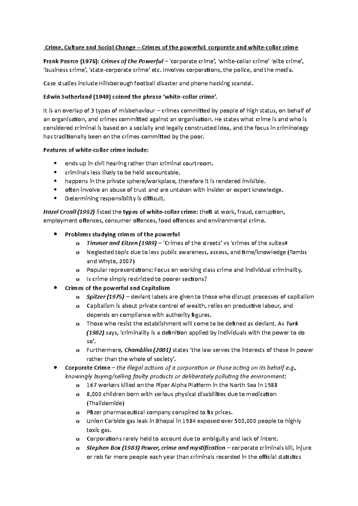 White collar crime Sociology seminar Crime, Culture and Social Change