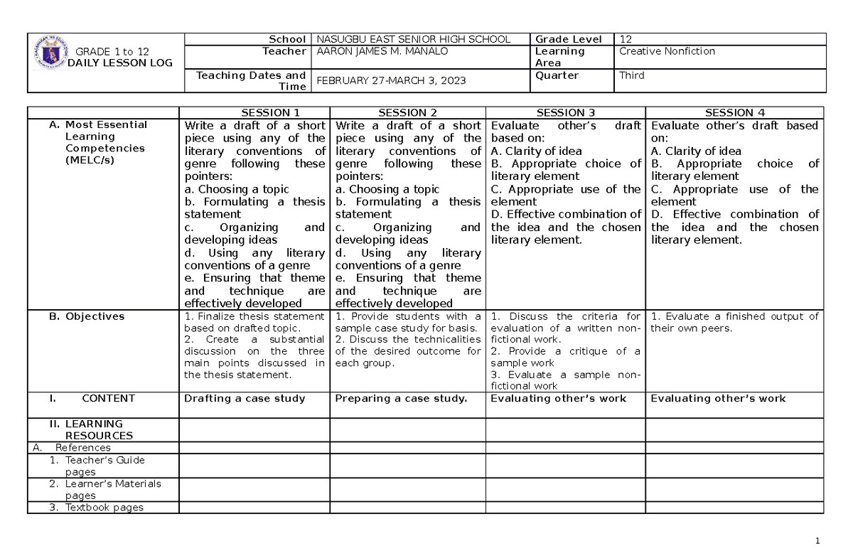 April 3-6, 2023 - lesson plan samples - GRADE 1 to 12 DAILY LESSON LOG ...