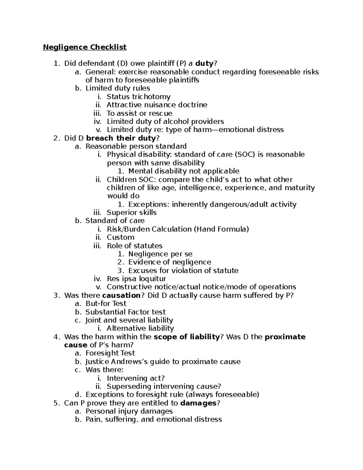 Negligence Checklist Negligence Checklist Did Defendant D Owe Plaintiff P A Duty A 1655