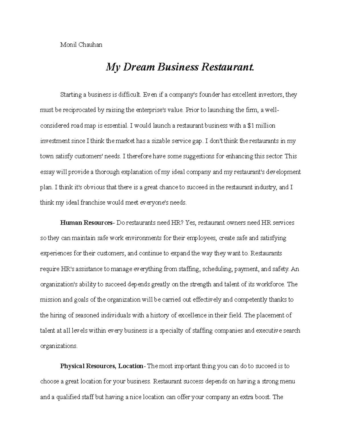 my dream business restaurant essay