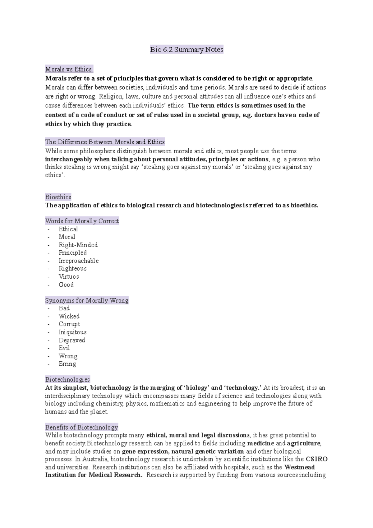 Biology 6.2 Summary Notes - Bio 6 Summary Notes Morals vs Ethics Morals ...