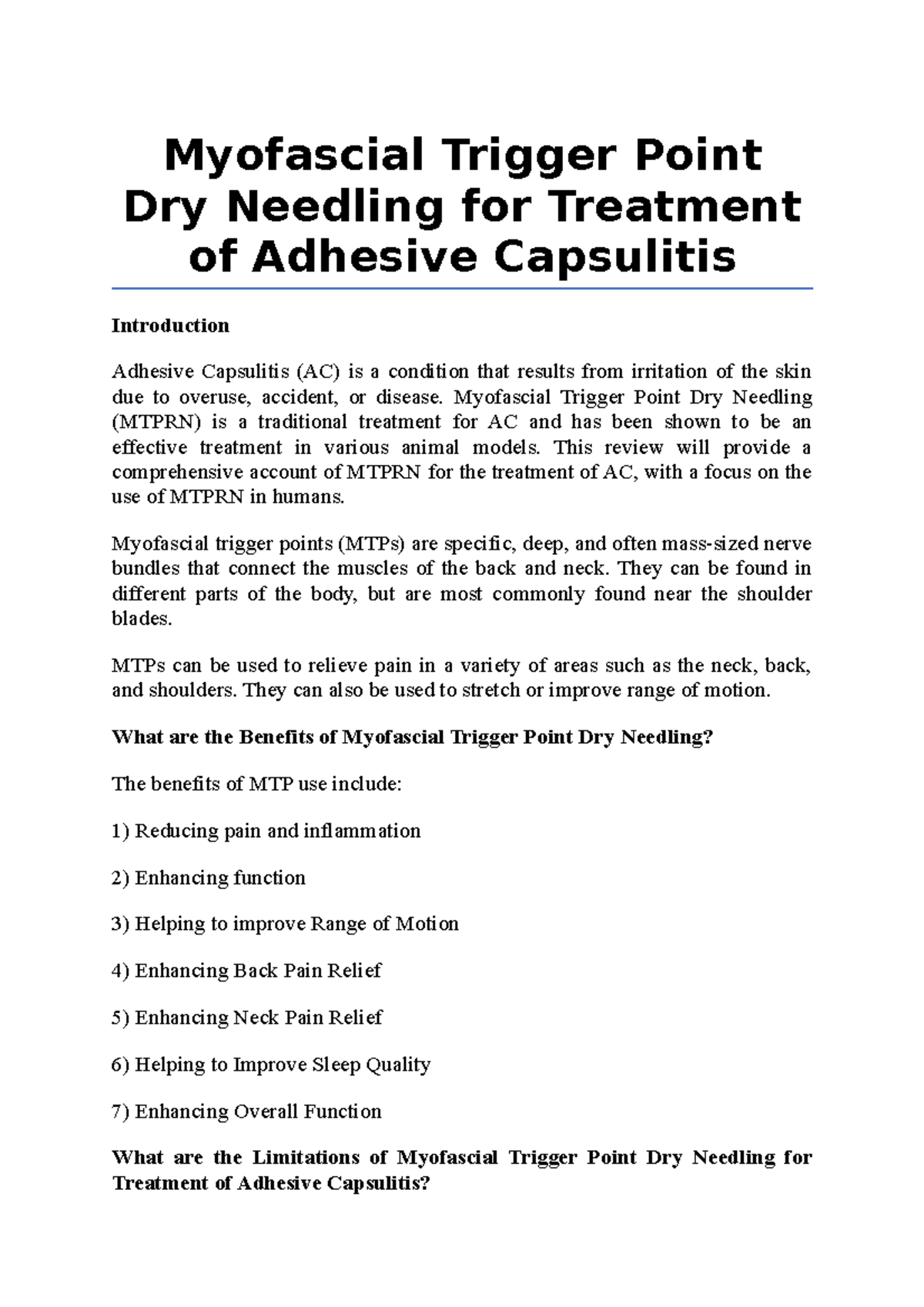Myofascial Trigger Point Dry Needling for Treatment of Adhesive