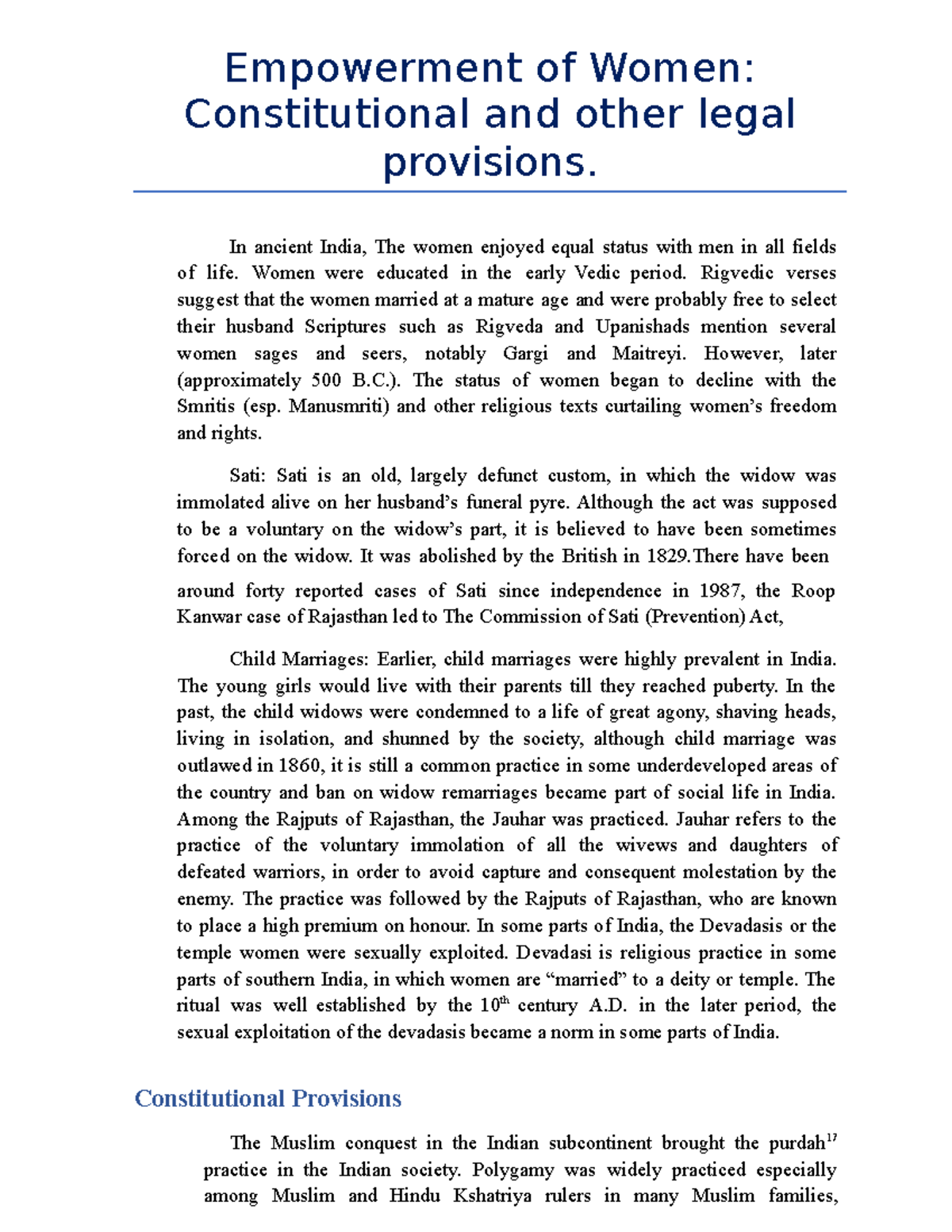 Empowerment of Women Constitutional and other legal provisions - In ...