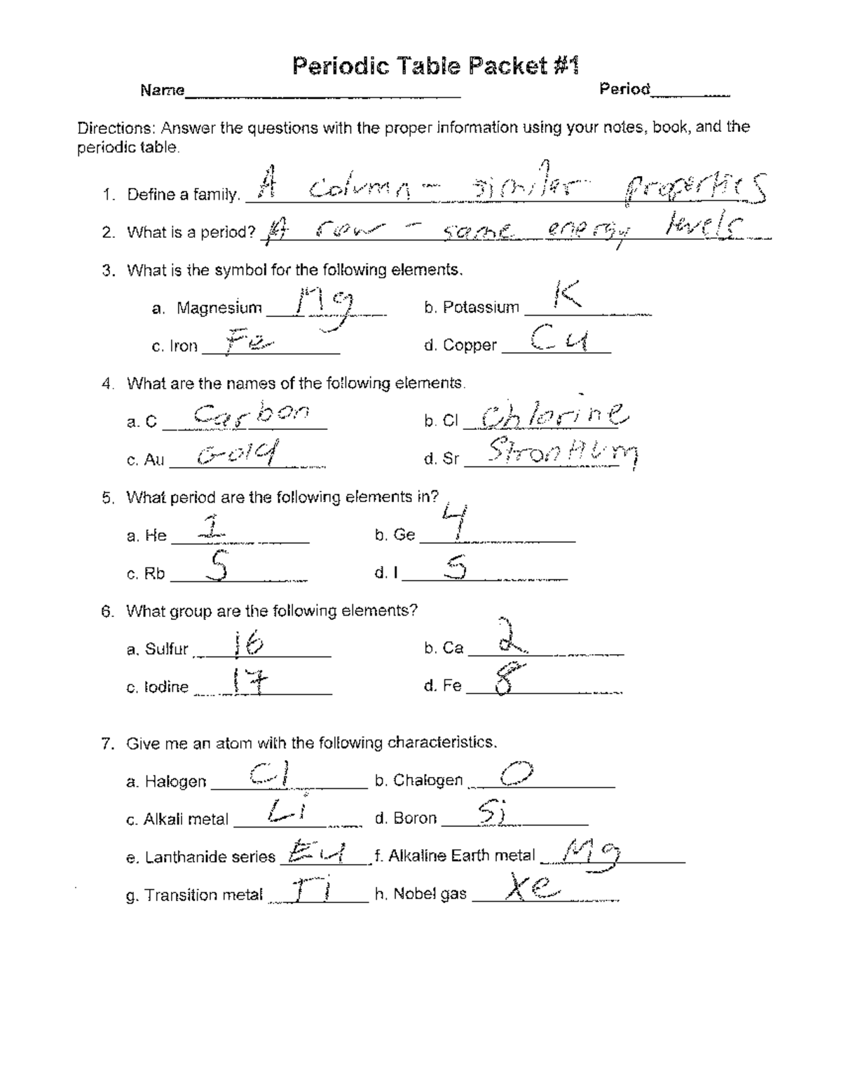 Periodic Table Answers 093209 - Bsed-Biology - Studocu