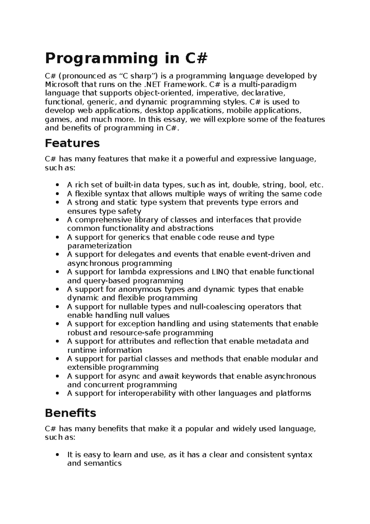 Programming in C# - NET Framework. C# is a multi-paradigm language that ...