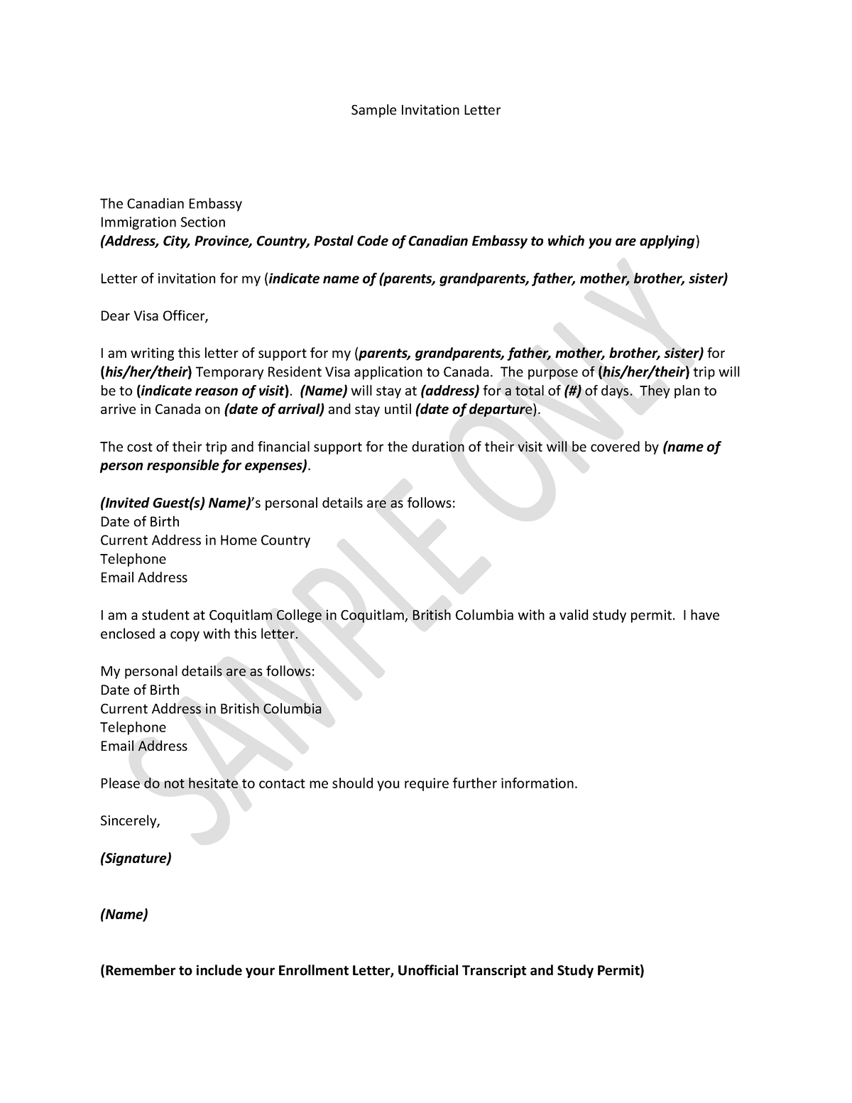 Sample Invitation Letter Sample Invitation Letter The Canadian Embassy Immigration Section 6658