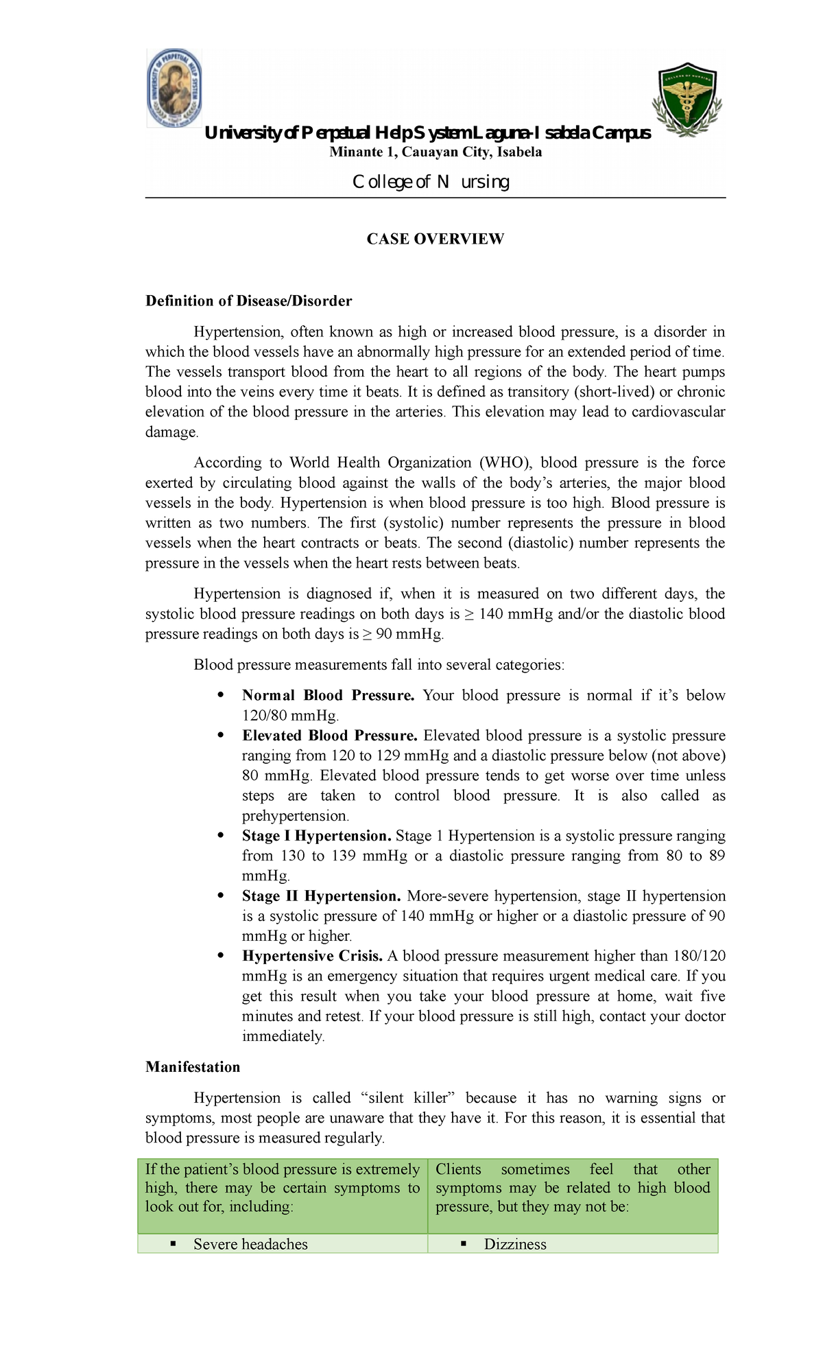 CASE Study - Hypertension - CASE OVERVIEW Definition of Disease ...