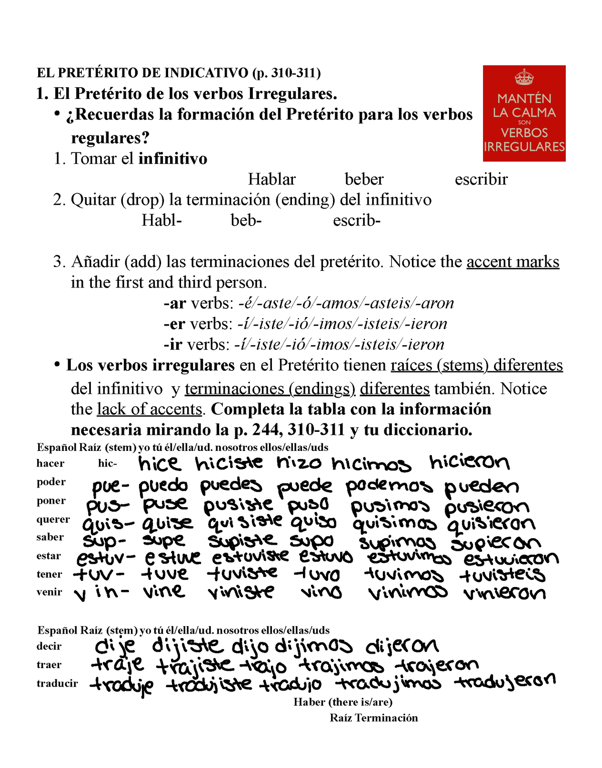 Preterito Irregulares Tarea - EL PRETÉRITO DE INDICATIVO (p. 310-311) 1 ...