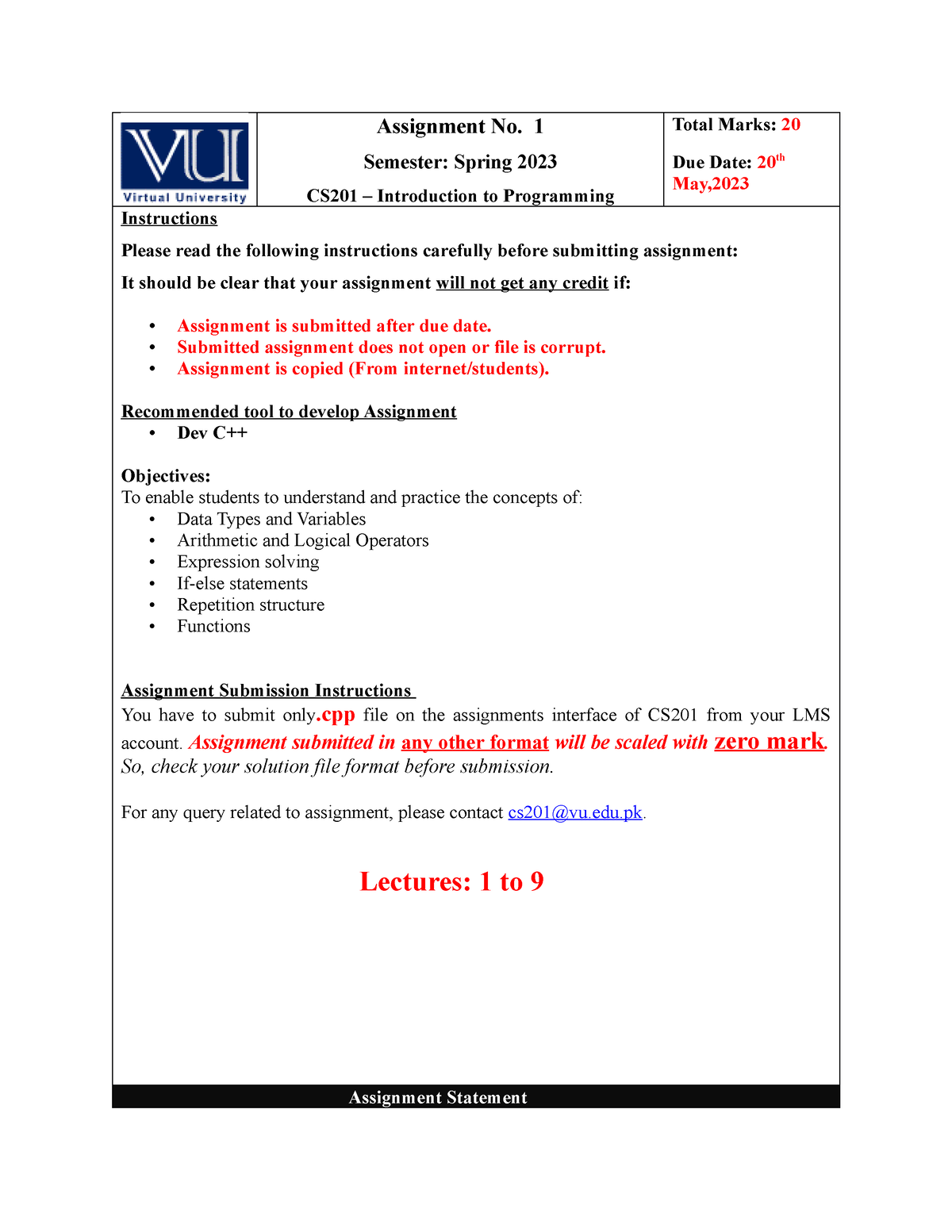 Spring 2023 CS201 1 - Assignment No. 1 Semester: Spring 2023 CS201 ...