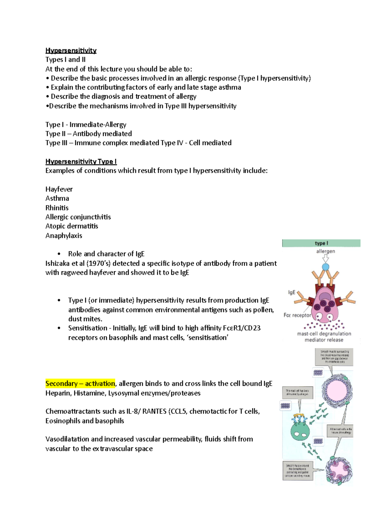 Hypersensitivity I&III Notes - Hypersensitivity Types I And II At The ...