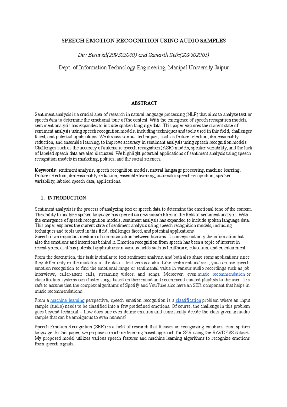 Research Paper ON SER - SPEECH EMOTION RECOGNITION USING AUDIO SAMPLES ...