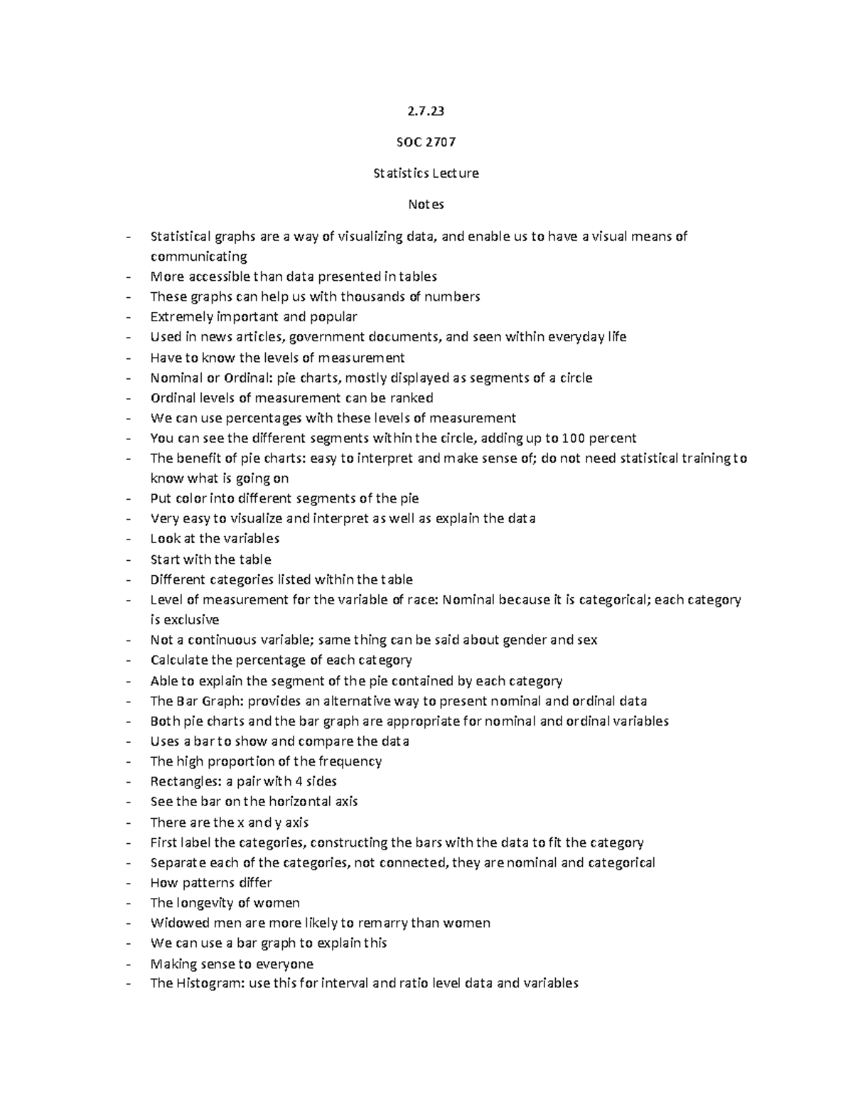 SSI Notes 2-7-23 - 2. SOC 2707 Statistics Lecture Notes Statistical ...