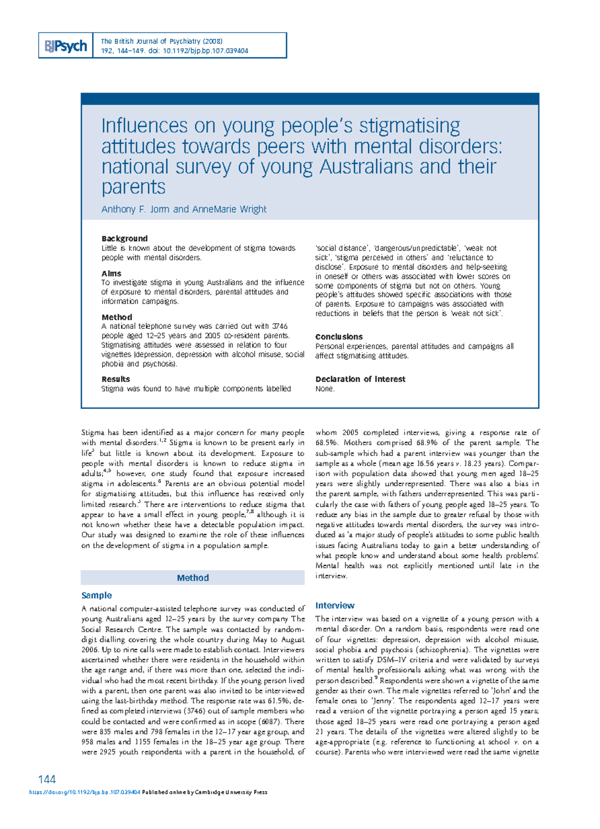 Influences on young peoples stigmatising attitudes towards peers with ...