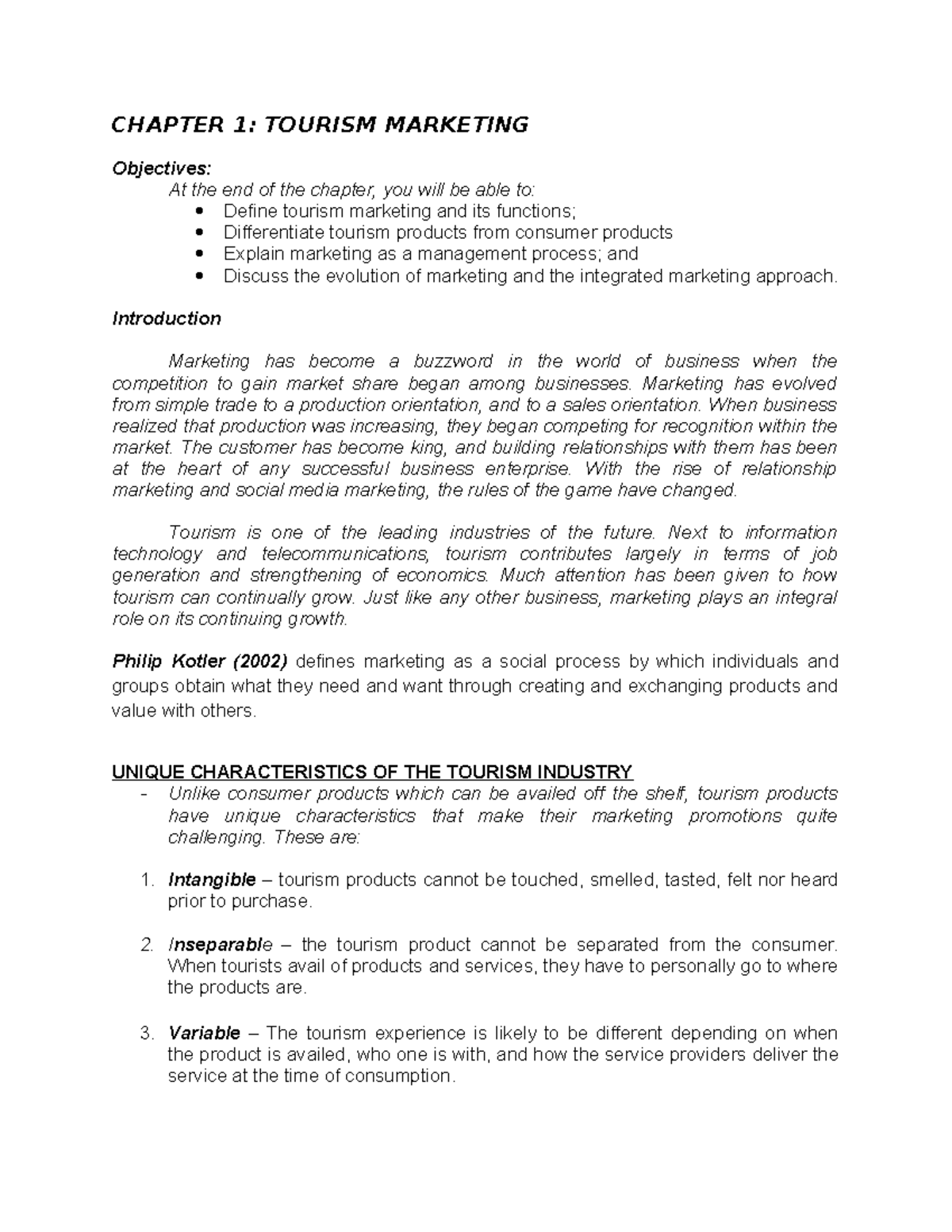 Handout 1 tourism marketing - CHAPTER 1: TOURISM MARKETING Objectives ...