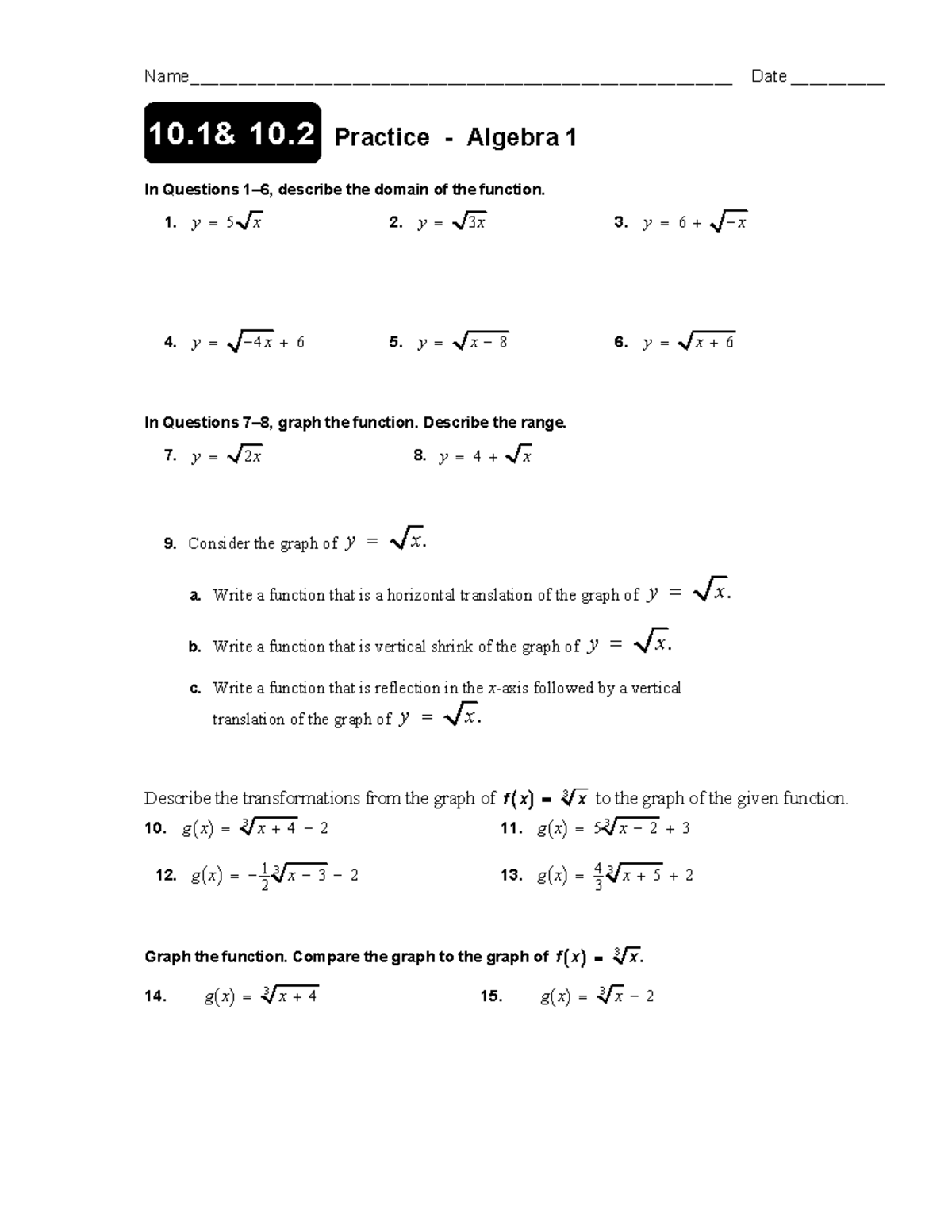 Algebra 10 - 10.1-10.2 practice - Name