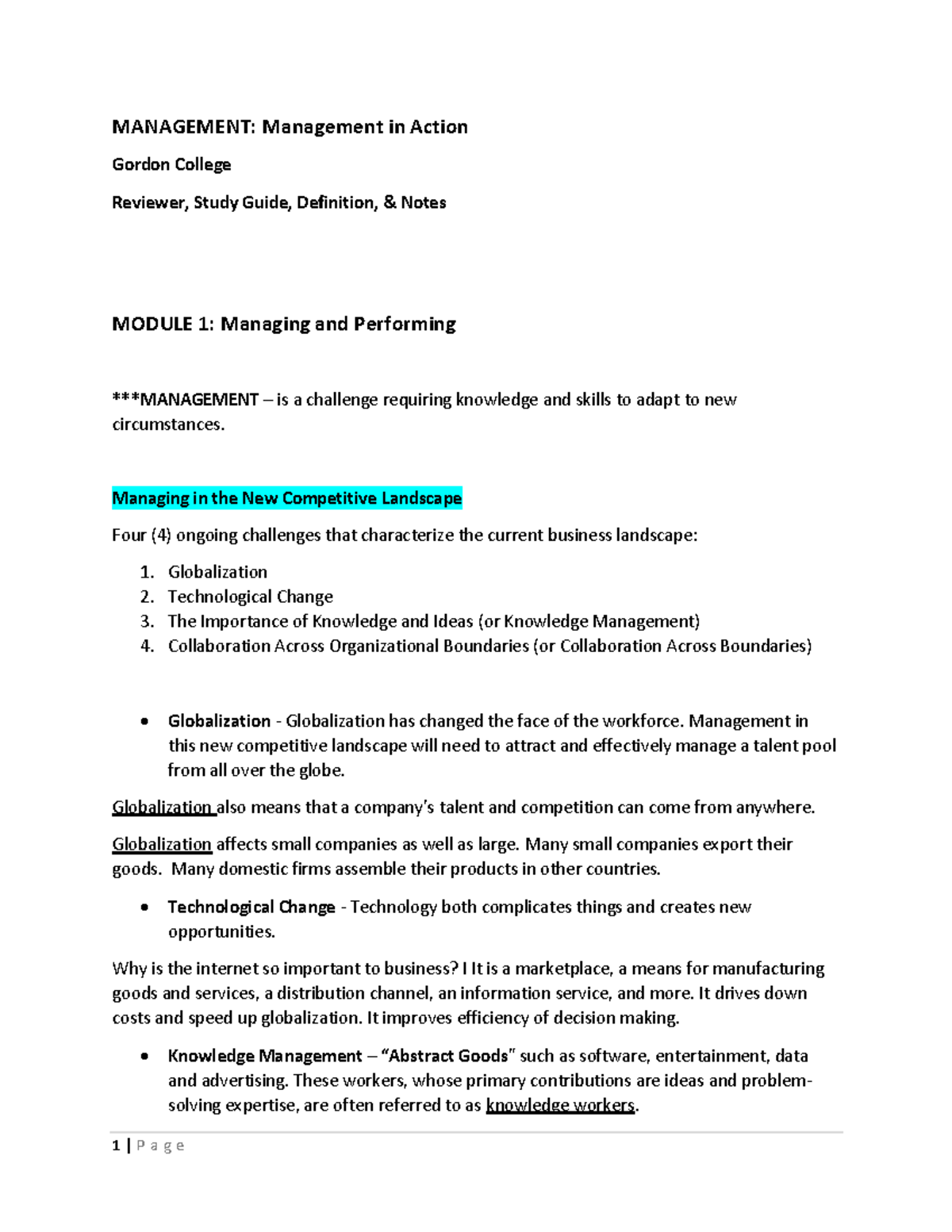 Gordon College Management Reviewer MANAGEMENT Management in